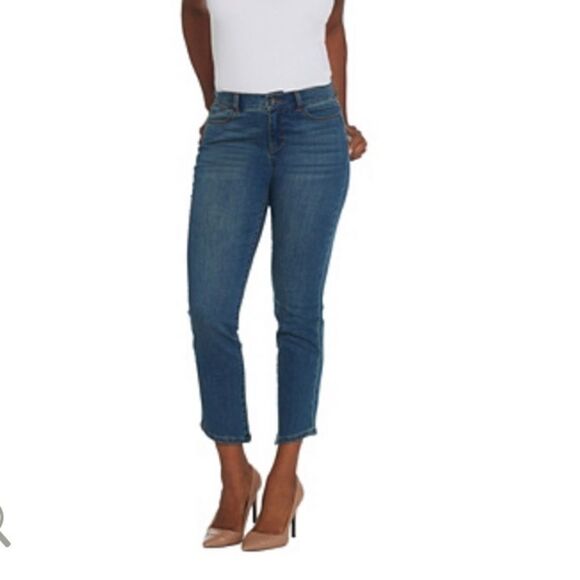 Lisa Rinna Collection Medium Wash Angled Hem Jeans - Picture 1 of 8